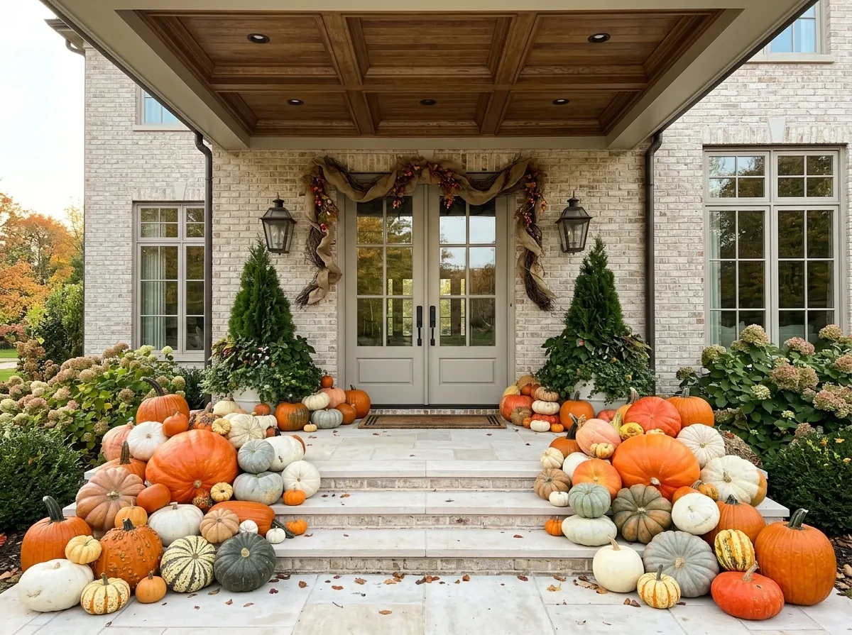 Wide stone entry with heirloom pumpkins, white planters, and a draped fall garland at the double doors