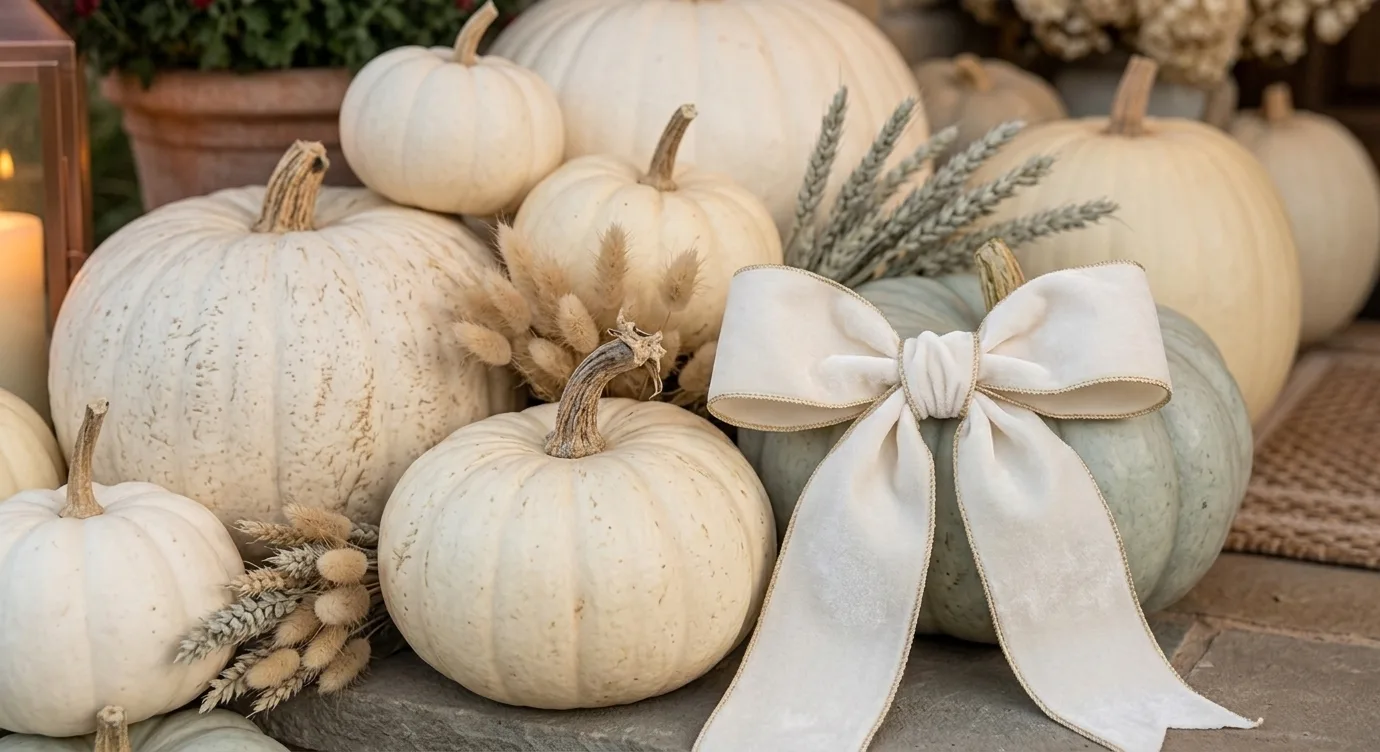 Exterior porch in the ivory harvest with cream and white pumpkins, wheat, and greenery