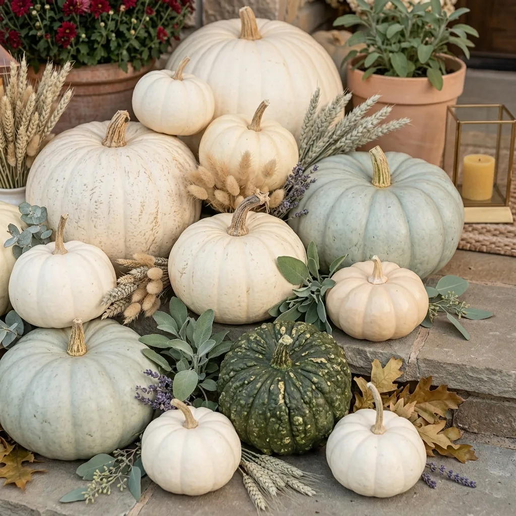 Front entry styled with heirloom pumpkins and greenery