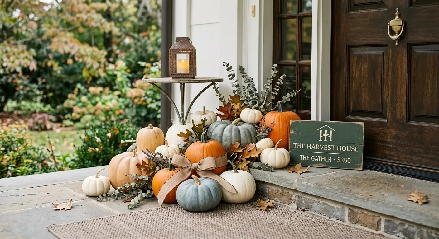 Layered pumpkin display on stone steps at a Nashville entry