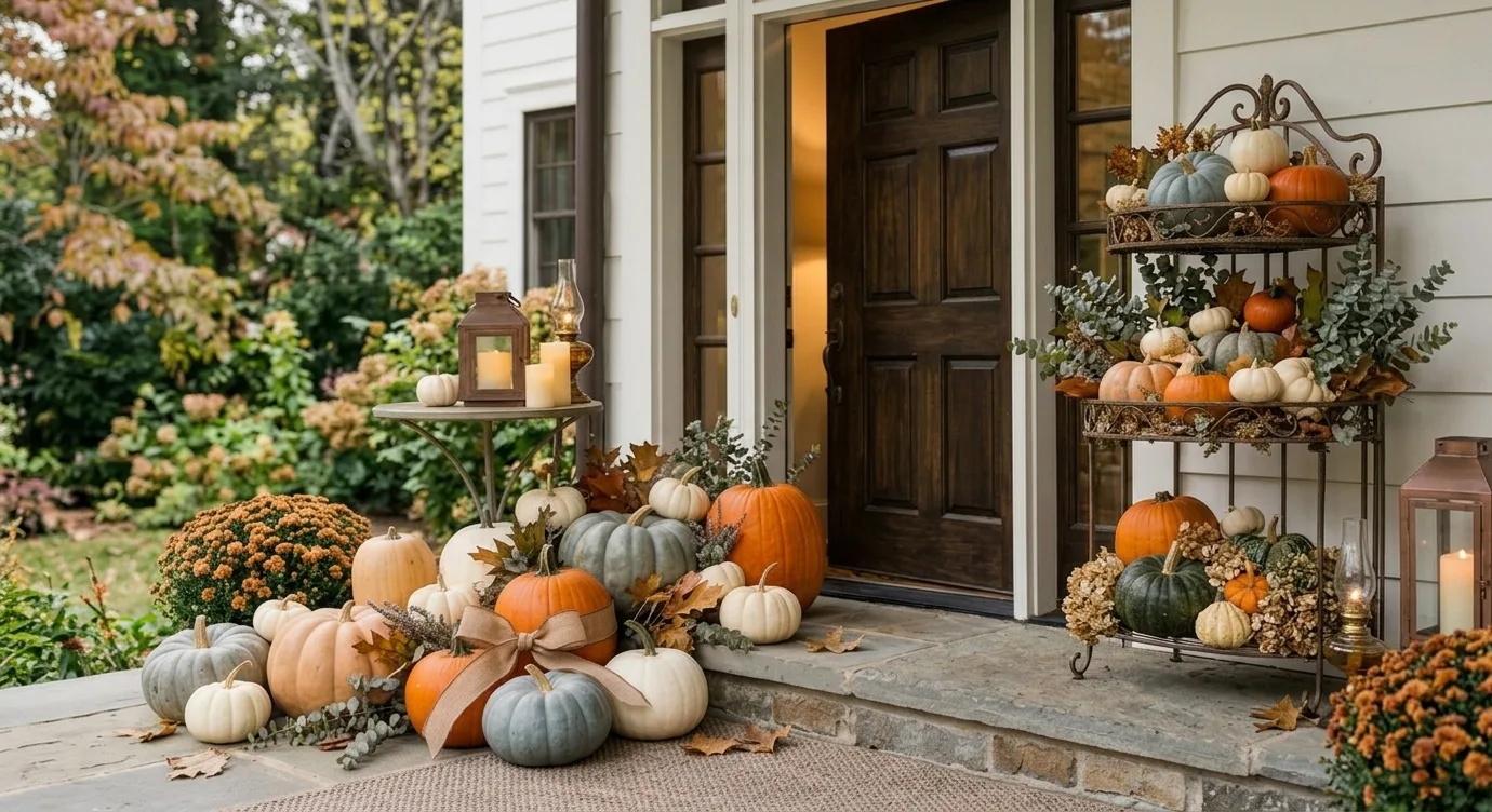 Exterior porch in traditional fall with orange pumpkins, heirloom greens, lanterns, and mums